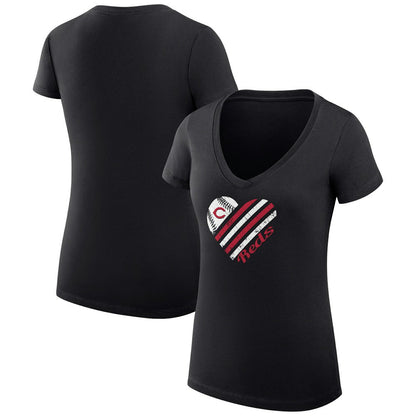 Cincinnati Reds G-III 4Her by Carl Banks Women's Super-Slim Fit Lightweight Heart V-Neck T-Shirt - Black