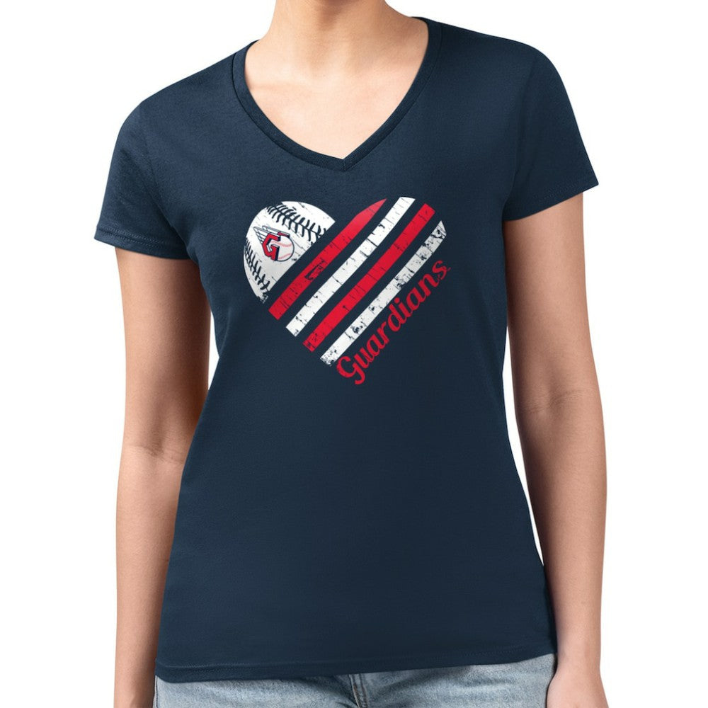 Cleveland Guardians G-III 4Her by Carl Banks Women's Super-Slim Fit Lightweight Heart V-Neck T-Shirt - Navy