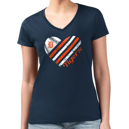 Detroit Tigers G-III 4Her by Carl Banks Women's Super-Slim Fit Lightweight Heart V-Neck T-Shirt - Navy