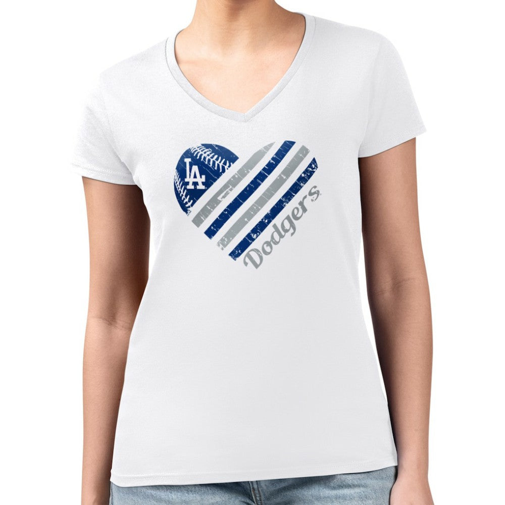 Los Angeles Dodgers G-III 4Her by Carl Banks Women's Super-Slim Fit Lightweight Heart V-Neck T-Shirt - White