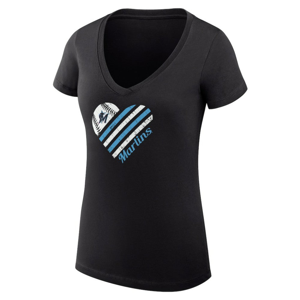 Miami Marlins G-III 4Her by Carl Banks Women's Super-Slim Fit Lightweight Heart V-Neck T-Shirt - Black