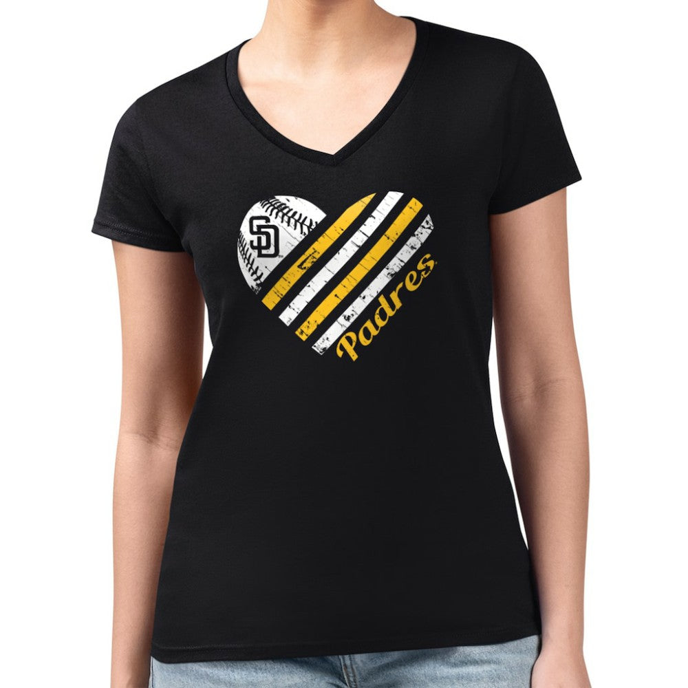 San Diego Padres G-III 4Her by Carl Banks Women's Super-Slim Fit Lightweight Heart V-Neck T-Shirt - Black