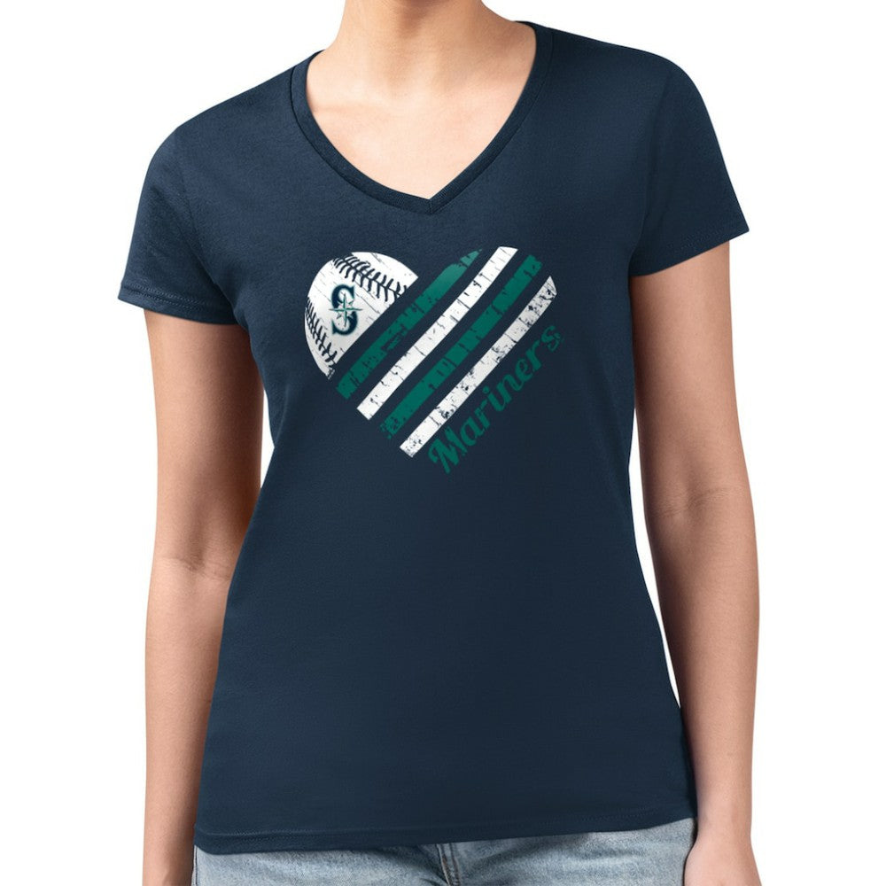 Seattle Mariners G-III 4Her by Carl Banks Women's Super-Slim Fit Lightweight Heart V-Neck T-Shirt - Navy