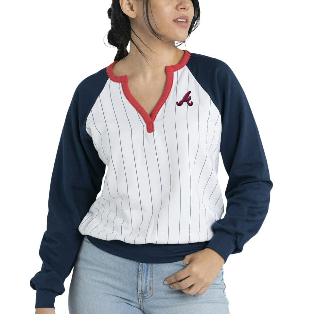 Atlanta Braves Lusso Women's Mack Fleece V-Neck Pullover Top - White/Navy