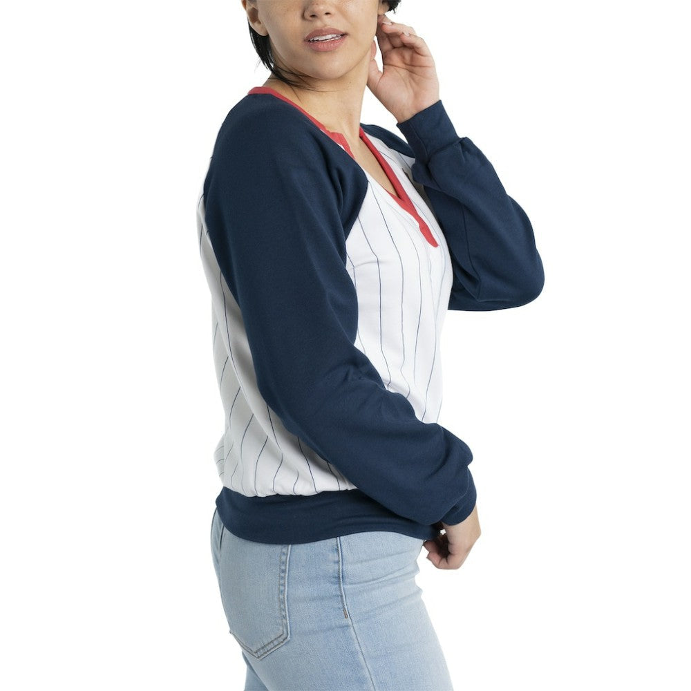 Atlanta Braves Lusso Women's Mack Fleece V-Neck Pullover Top - White/Navy