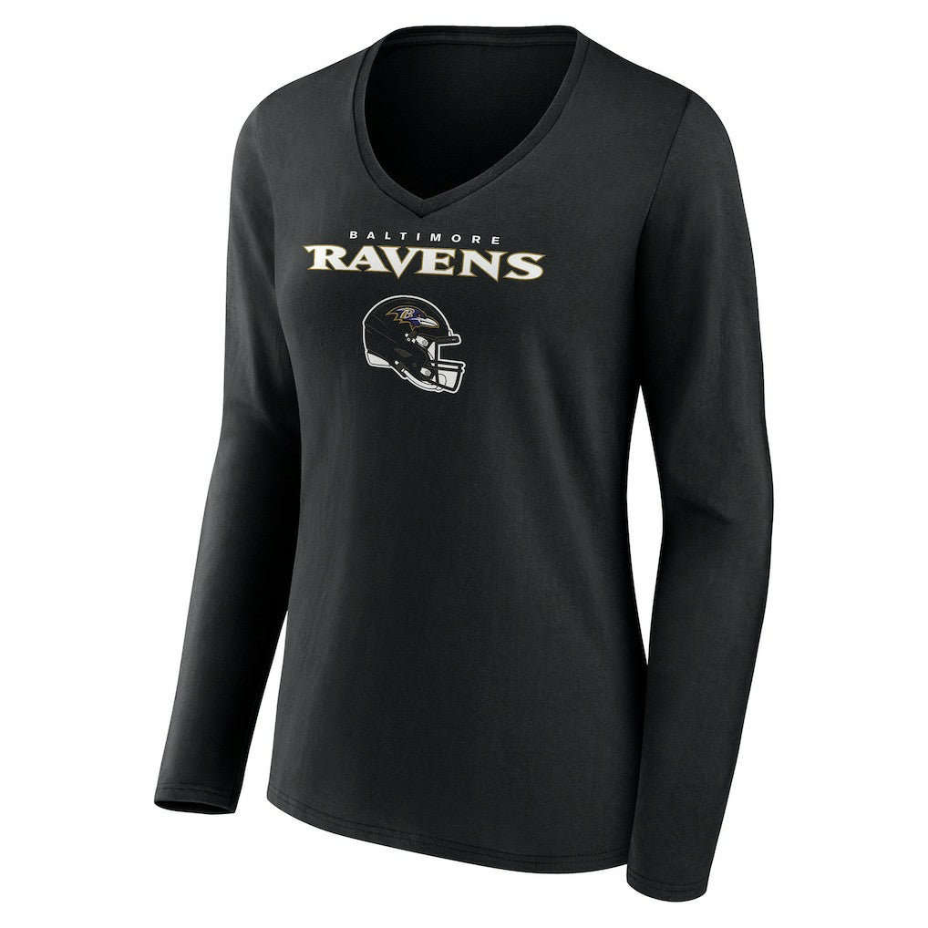 Baltimore Ravens Women's Personalized Name & Number Team Wordmark Long Sleeve V-Neck T-Shirt - Black for sale