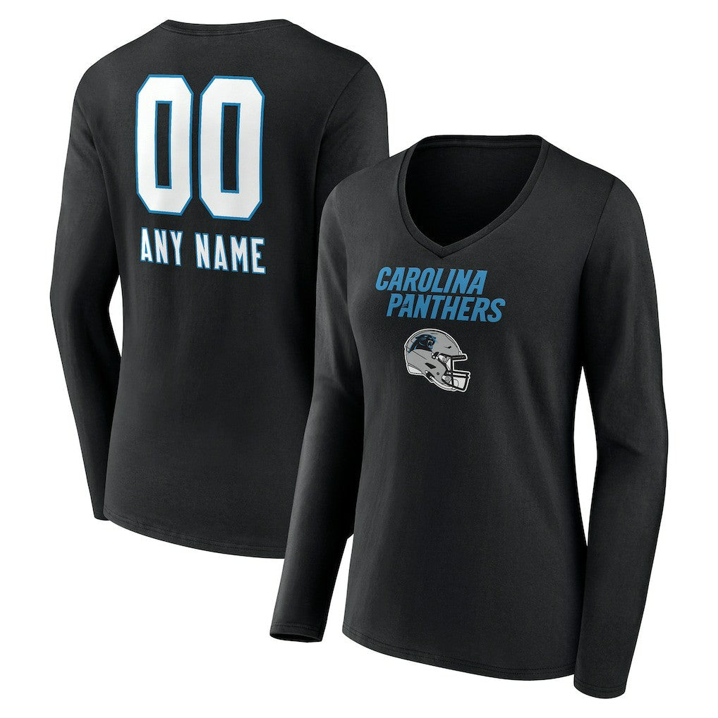Carolina Panthers Women's Personalized Name & Number Team Wordmark Long Sleeve V-Neck T-Shirt - Black cheap