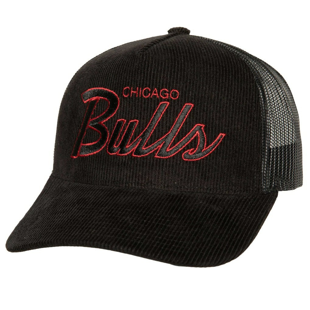 Chicago Bulls Times Up Classic Script Cord Trucker Hat - Black | Mitchell & Ness on sale