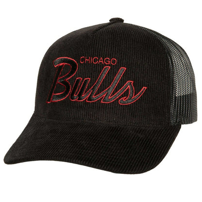 Chicago Bulls Times Up Classic Script Cord Trucker Hat - Black | Mitchell & Ness on sale