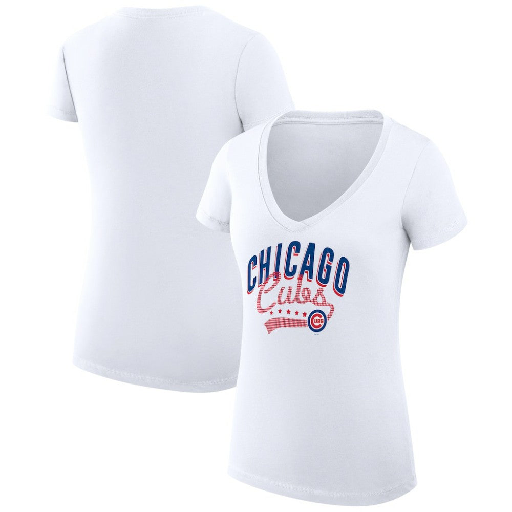 Chicago Cubs G-III 4Her by Carl Banks Women's Super-Slim Fit Lightweight Filigree Team V-Neck T-Shirt - White
