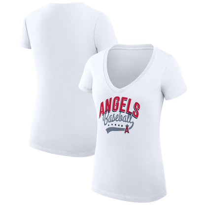 Los Angeles Angels G-III 4Her by Carl Banks Women's Super-Slim Fit Lightweight Filigree Team V-Neck T-Shirt - White