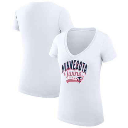Minnesota Twins G-III 4Her by Carl Banks Women's Super-Slim Fit Lightweight Filigree Team V-Neck T-Shirt - White