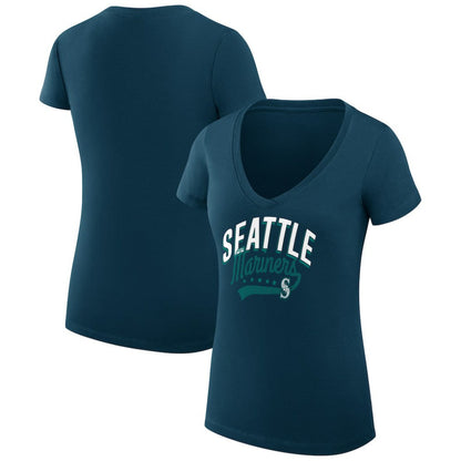 Seattle Mariners G-III 4Her by Carl Banks Women's Super-Slim Fit Lightweight Filigree Team V-Neck T-Shirt - Navy
