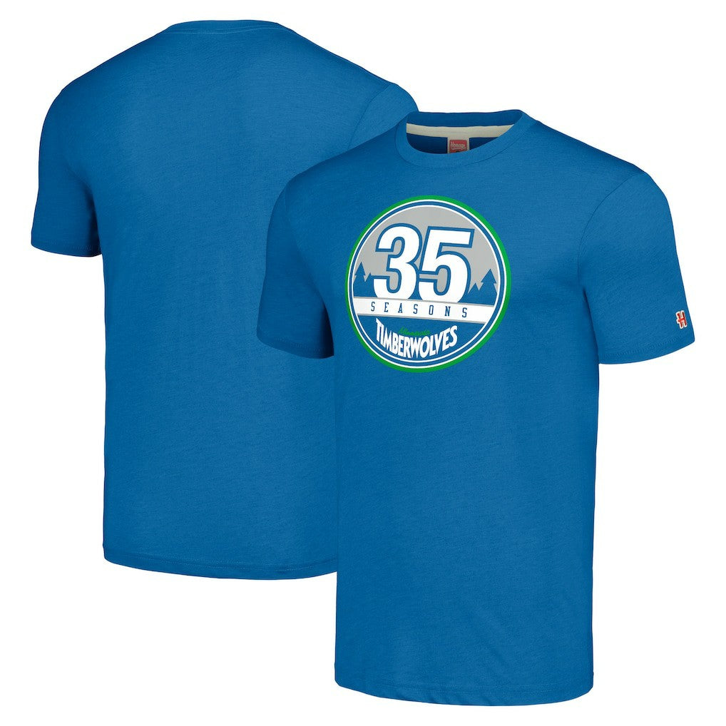 Minnesota Timberwolves Homage Unisex 35th Anniversary Hardwood Classics 35 Seasons Tri-Blend T-Shirt - Royal for sale