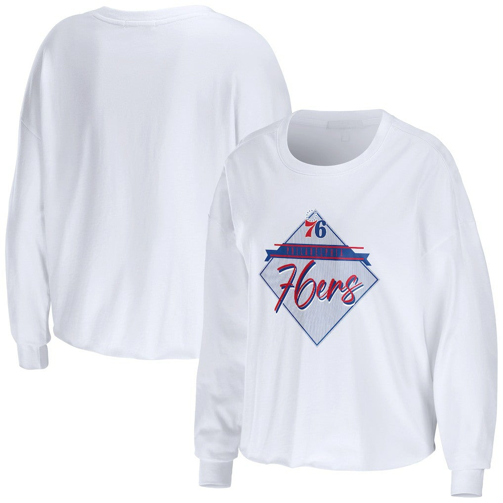 Philadelphia 76ers WEAR by Erin Andrews Women's Cropped Long Sleeve T-Shirt - White sale
