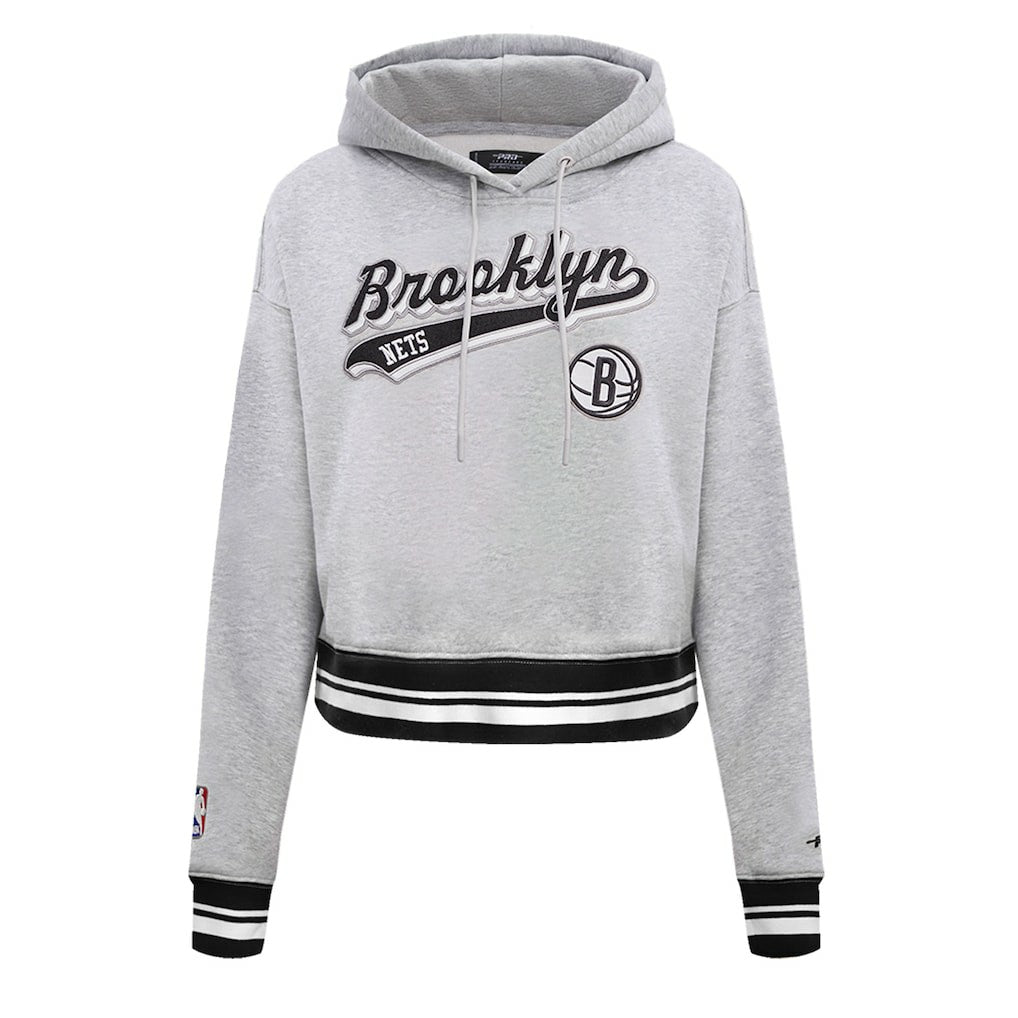 Brooklyn Nets Pro Standard Women's Script Tail Cropped Pullover Hoodie - Heather Gray shop