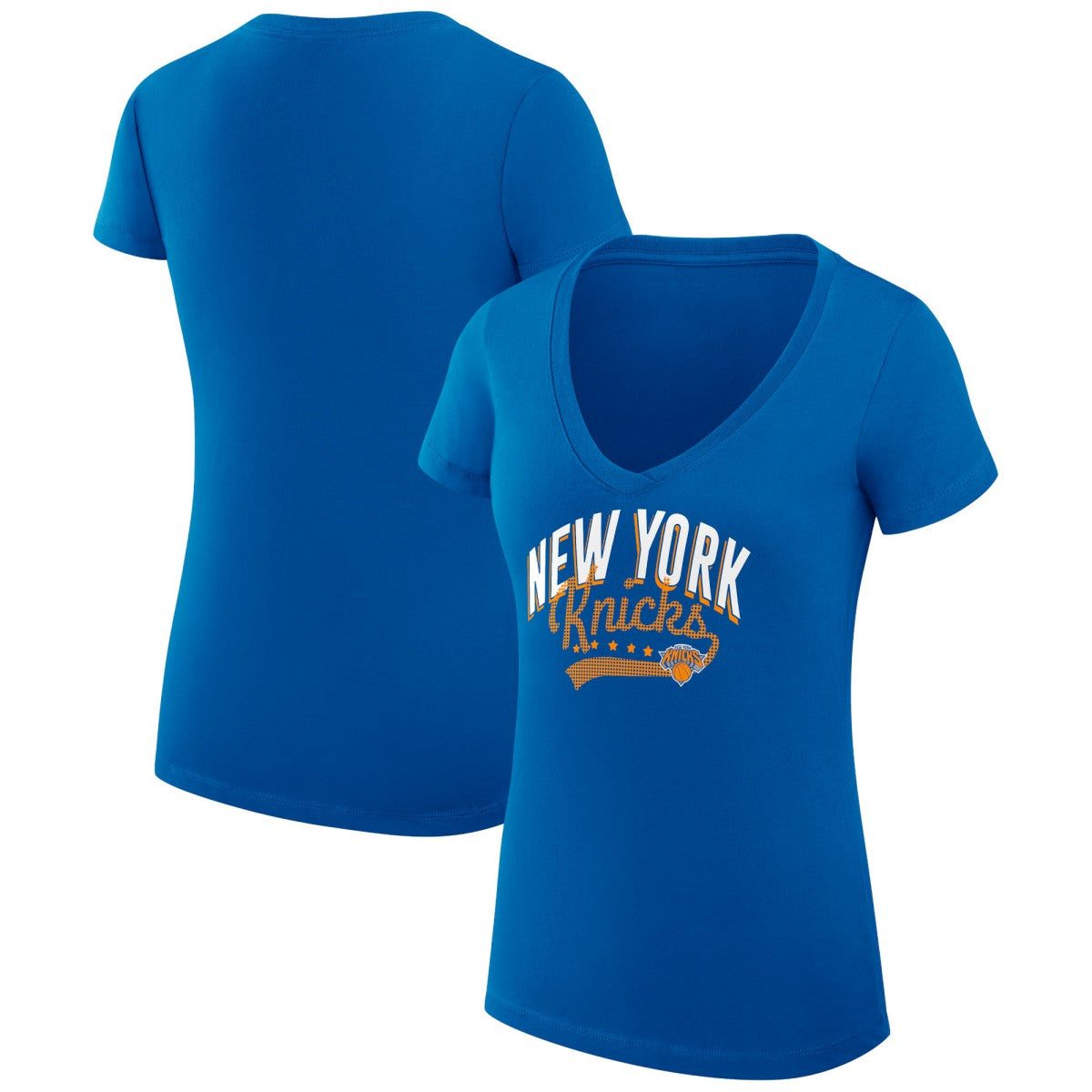 New York Knicks G-III 4Her by Carl Banks Women's Super-Slim Fit Lightweight Filigree Logo V-Neck T-Shirt - Blue outlet
