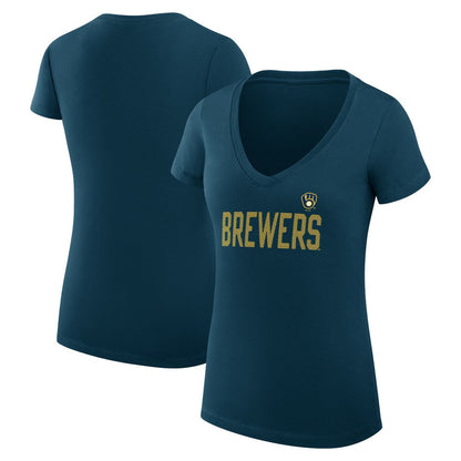Milwaukee Brewers G-III 4Her by Carl Banks Women's Super-Slim Fit Lightweight Dot Print V-Neck T-Shirt - Navy