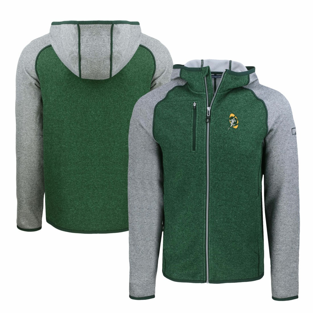 Green Bay Packers Cutter & Buck Throwback Mainsail Sweater-Knit Full-Zip Hoodie - Heather Green/Heather Gray for sale