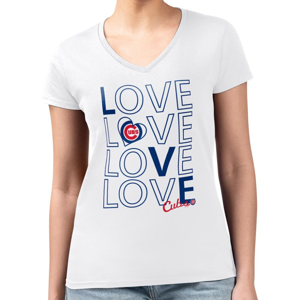 Chicago Cubs G-III 4Her by Carl Banks Women's Super-Slim Fit Lightweight Love Graphic Team V-Neck T-Shirt - White