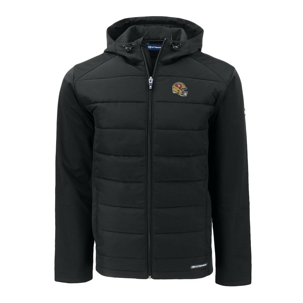San Francisco 49ers Cutter & Buck Helmet Evoke Hybrid Eco Softshell Recycled Full-Zip Hoodie Jacket - Black on sale