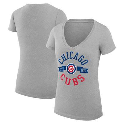 Chicago Cubs G-III 4Her by Carl Banks Women's Super-Slim Fit Lightweight City Graphic V-Neck T-Shirt - Heather Gray