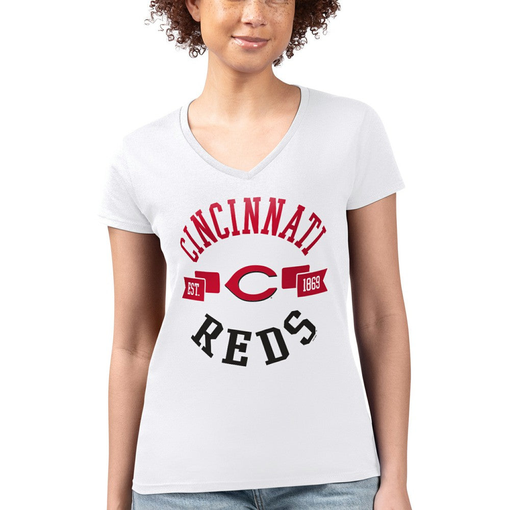 Cincinnati Reds G-III 4Her by Carl Banks Women's Super-Slim Fit Lightweight City Graphic V-Neck T-Shirt - White