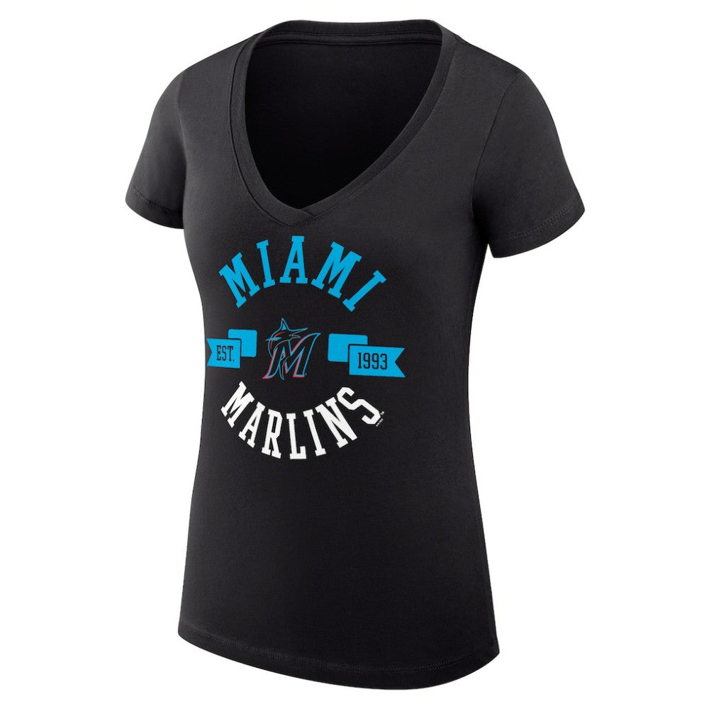 Miami Marlins G-III 4Her by Carl Banks Women's Super-Slim Fit Lightweight City Graphic V-Neck T-Shirt - Black