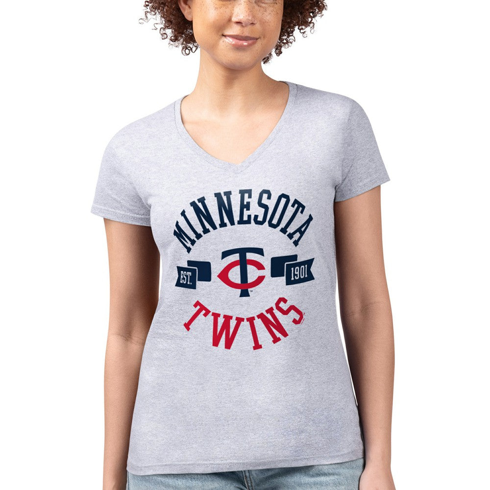Minnesota Twins G-III 4Her by Carl Banks Women's Super-Slim Fit Lightweight City Graphic V-Neck T-Shirt - Heather Gray