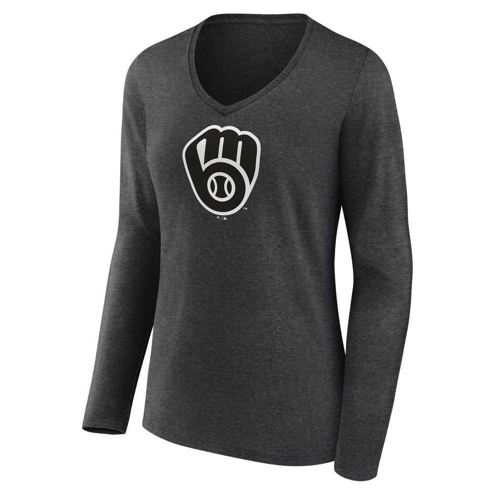 Milwaukee Brewers Women's Personalized Monochrome Name & Number Long Sleeve V-Neck T-Shirt - Charcoal
