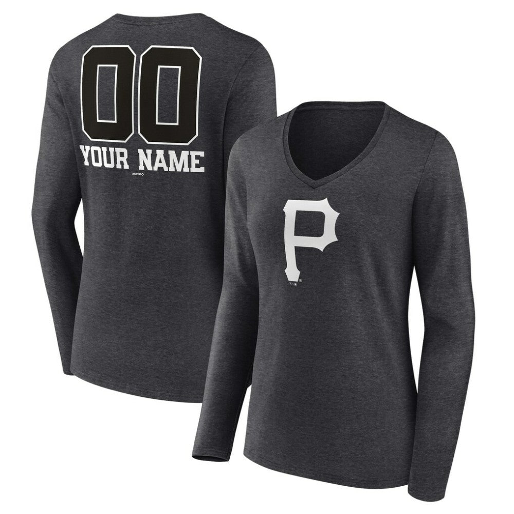Pittsburgh Pirates Women's Personalized Monochrome Name & Number Long Sleeve V-Neck T-Shirt - Charcoal
