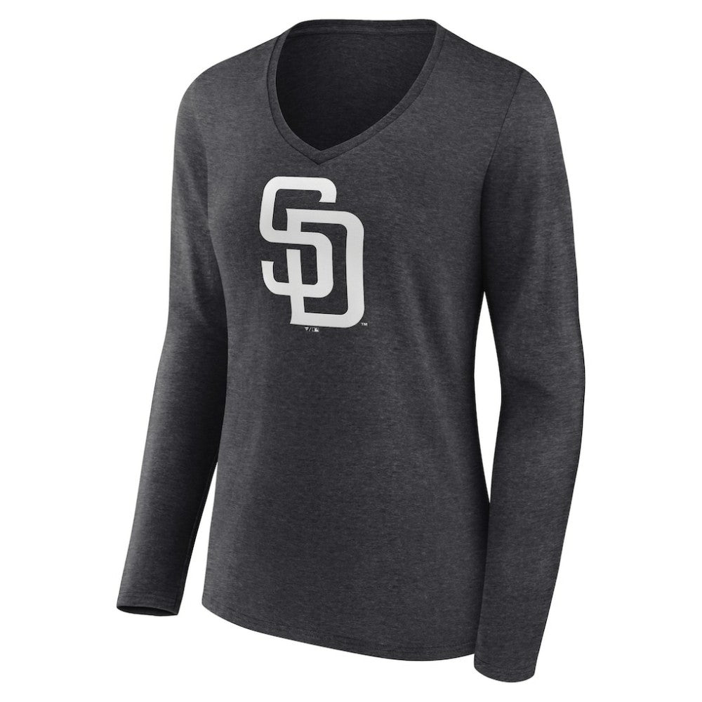 San Diego Padres Women's Personalized Monochrome Name & Number Long Sleeve V-Neck T-Shirt - Charcoal