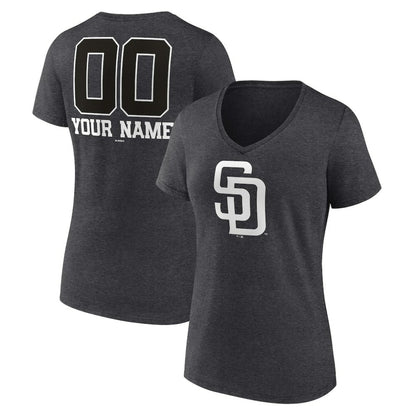 San Diego Padres Women's Personalized Monochrome Name & Number V-Neck T-Shirt - Charcoal