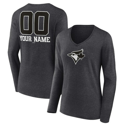 Toronto Blue Jays Women's Personalized Monochrome Name & Number Long Sleeve V-Neck T-Shirt - Charcoal