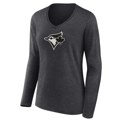 Toronto Blue Jays Women's Personalized Monochrome Name & Number Long Sleeve V-Neck T-Shirt - Charcoal