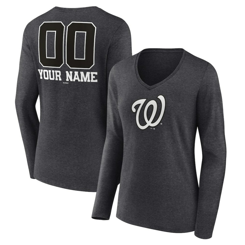 Washington Nationals Women's Personalized Monochrome Name & Number Long Sleeve V-Neck T-Shirt - Charcoal