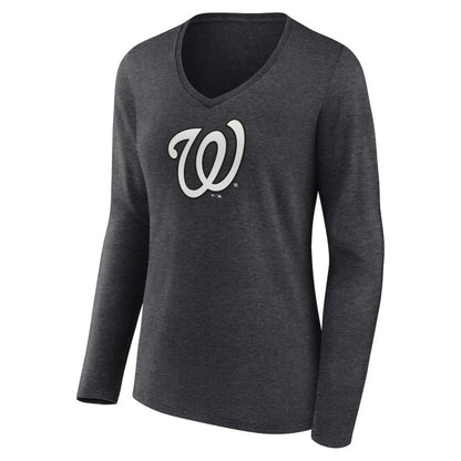 Washington Nationals Women's Personalized Monochrome Name & Number Long Sleeve V-Neck T-Shirt - Charcoal