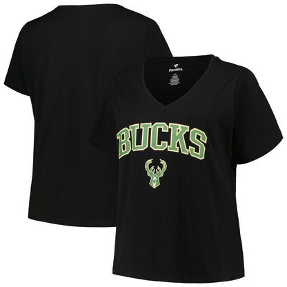 Milwaukee Bucks Profile Women's Plus Size Arch Over Logo V-Neck T-Shirt - Black sale