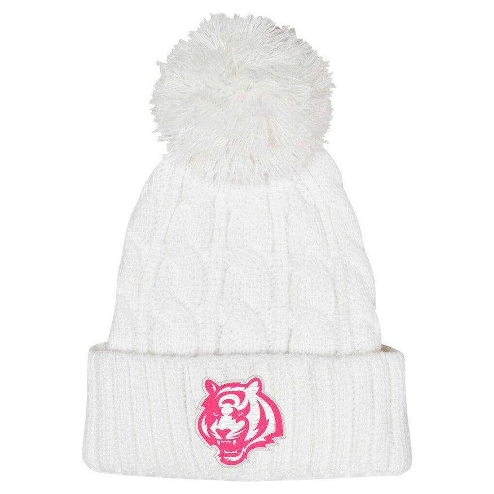 Cincinnati Bengals Girls Youth Cable Cuffed Knit Hat with Pom - White for sale