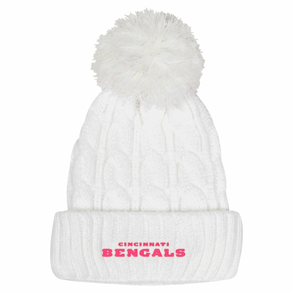 Cincinnati Bengals Girls Youth Cable Cuffed Knit Hat with Pom - White for sale