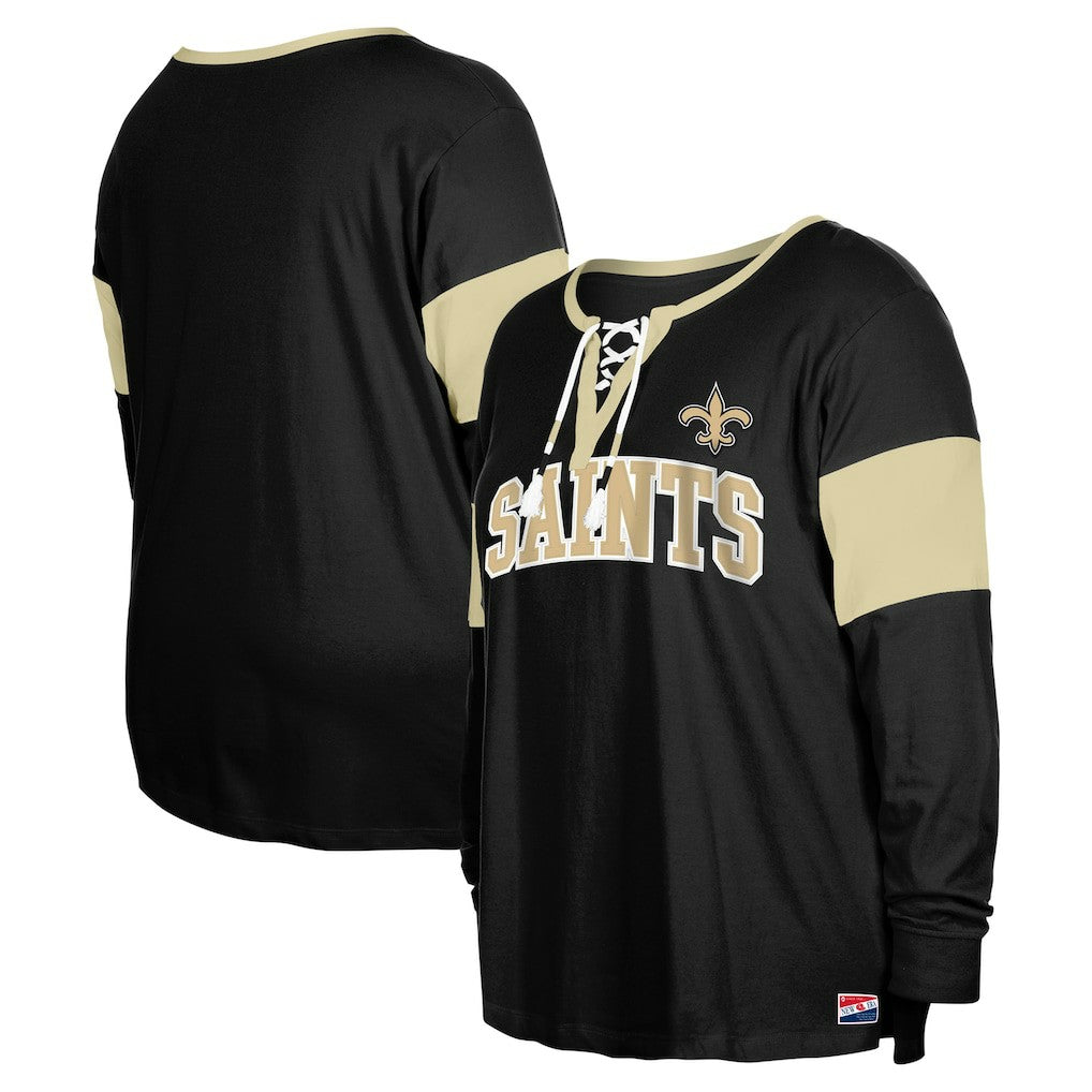 New Orleans Saints New Era Women's Plus Size Lace-Up Notch Neck Long Sleeve T-Shirt  - Black discount