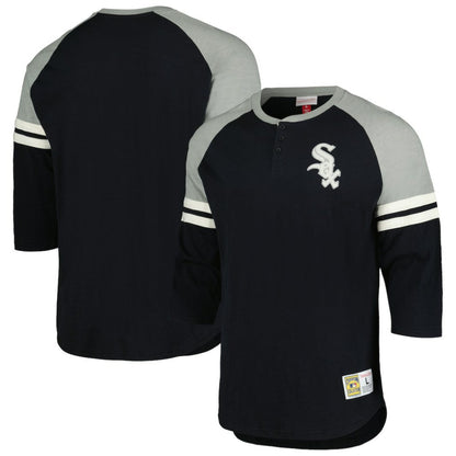 Chicago White Sox Cooperstown Collection Legendary Raglan Slub Henley 3/4-Sleeve T-Shirt - Black | Mitchell & Ness