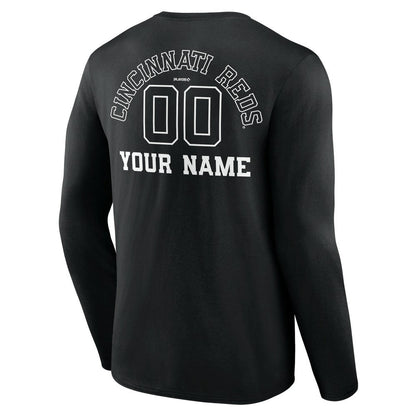 Cincinnati Reds Monochrome Personalized Name & Number Long Sleeve T-Shirt - Black