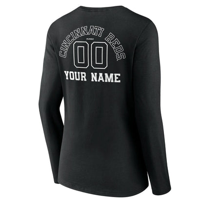 Cincinnati Reds Women's Monochrome Personalized Name & Number Long Sleeve V-Neck T-Shirt - Black