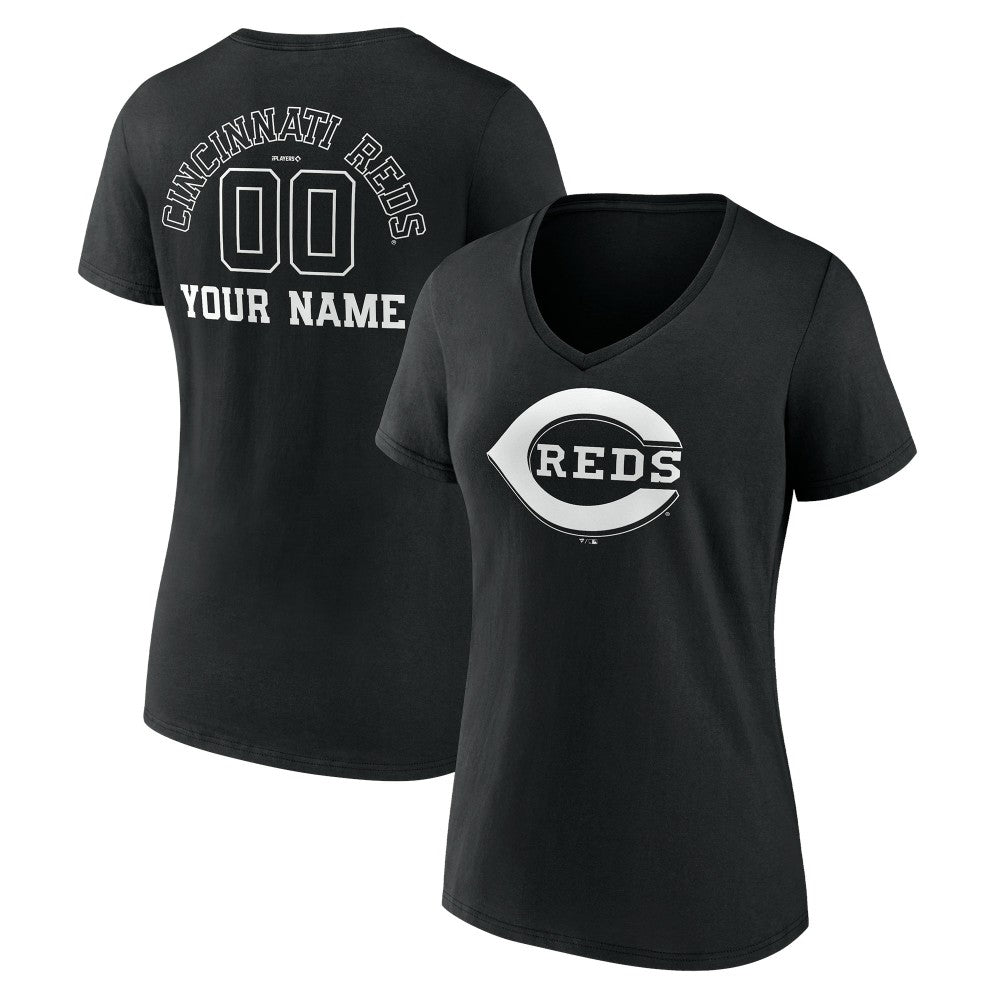 Cincinnati Reds Women's Monochrome Personalized Name & Number V-Neck T-Shirt - Black