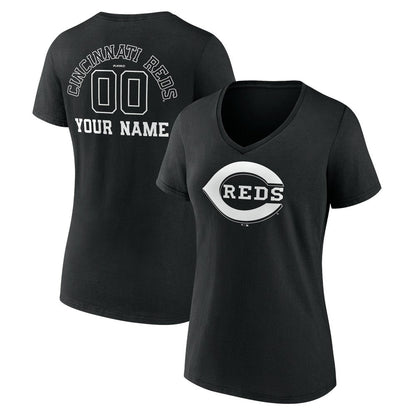 Cincinnati Reds Women's Monochrome Personalized Name & Number V-Neck T-Shirt - Black