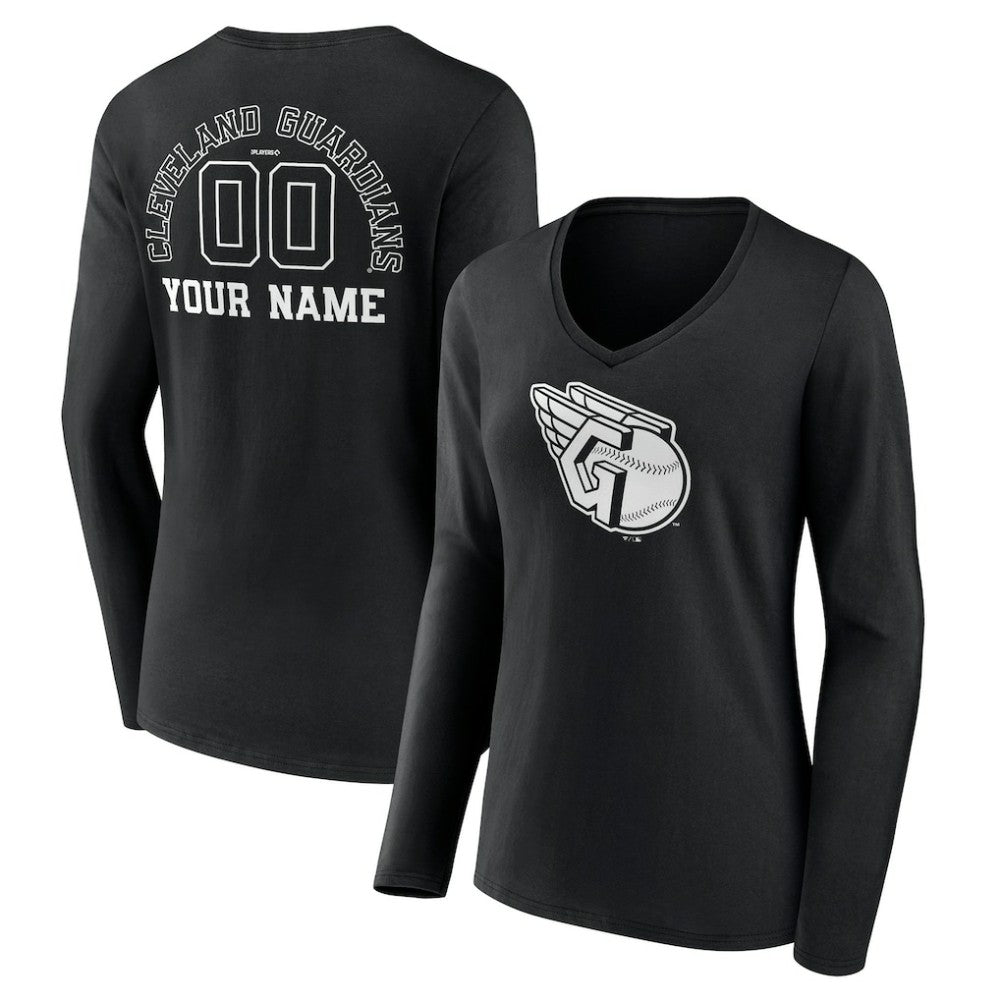 Cleveland Guardians Women's Monochrome Personalized Name & Number Long Sleeve V-Neck T-Shirt - Black