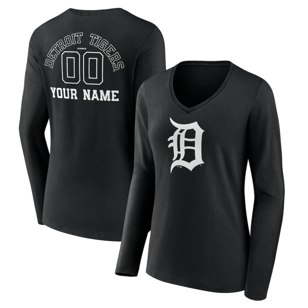 Detroit Tigers Women's Monochrome Personalized Name & Number Long Sleeve V-Neck T-Shirt - Black