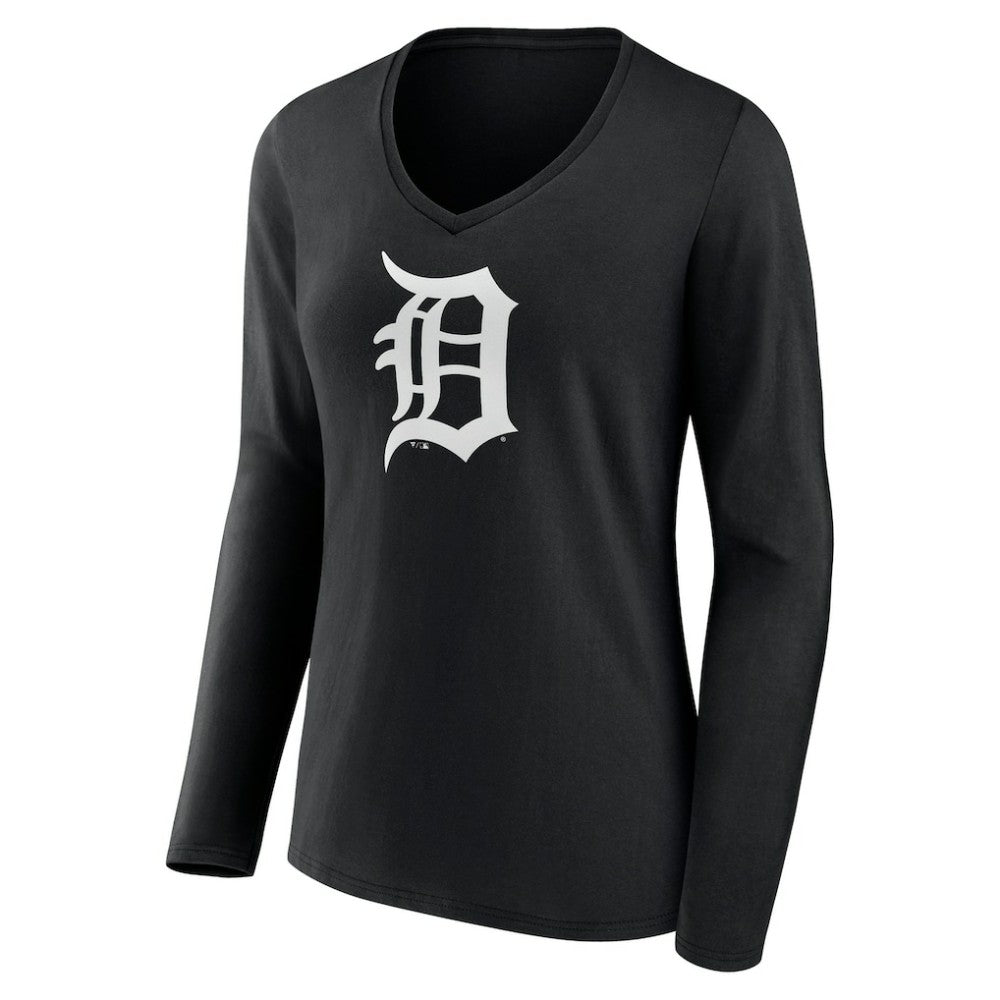 Detroit Tigers Women's Monochrome Personalized Name & Number Long Sleeve V-Neck T-Shirt - Black