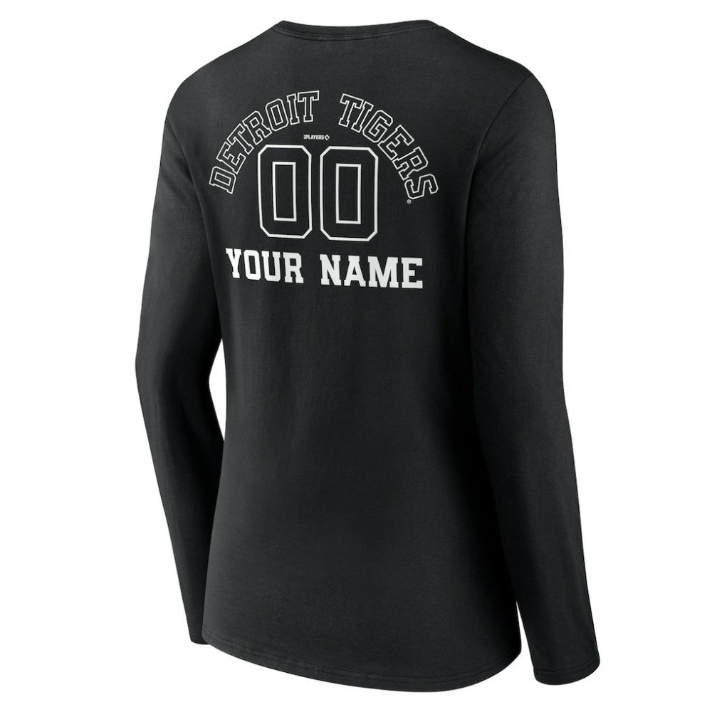Detroit Tigers Women's Monochrome Personalized Name & Number Long Sleeve V-Neck T-Shirt - Black